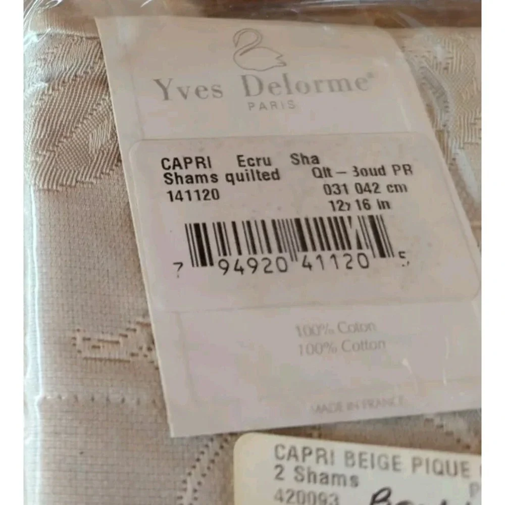 Pair New Vintage‎ Yves Delorme Boudoir  Quilted Ecru Pillow Sham 12 X 16 Cotton